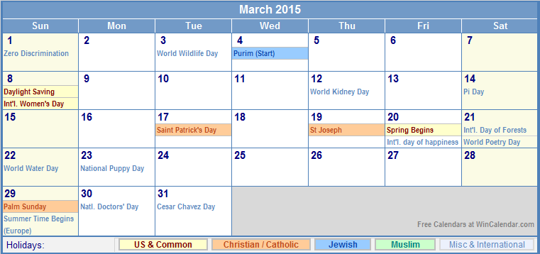March 2015 Calendar with Holidays for printing (Picture format)