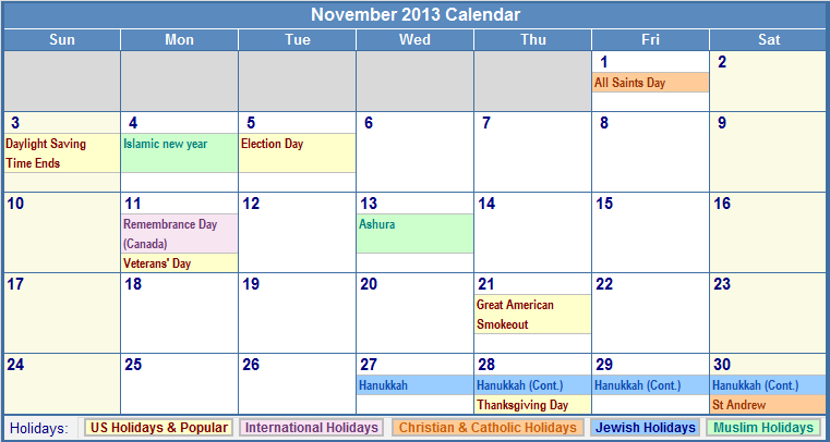 November 2013 Calendar with Holidays - as Picture
