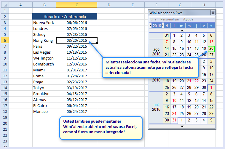 Mostrar WinCalendar en Microsoft Excel