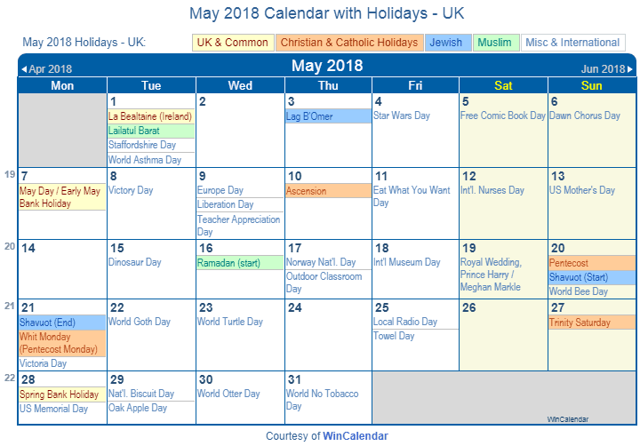 Print Friendly May 2018 UK Calendar for printing