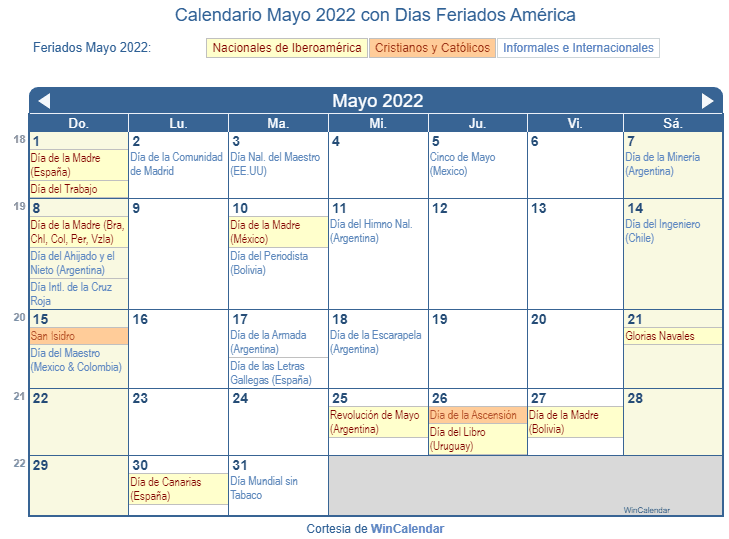 Calendario Mayo 2022 Para Imprimir América