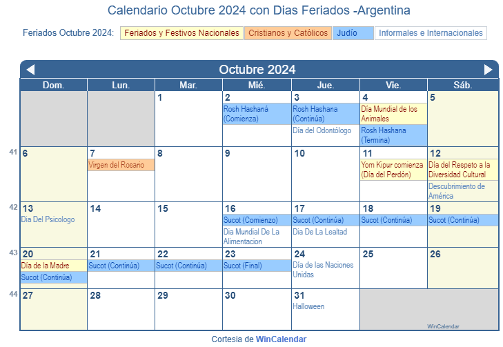 Calendario Octubre 2024 para imprimir Argentina