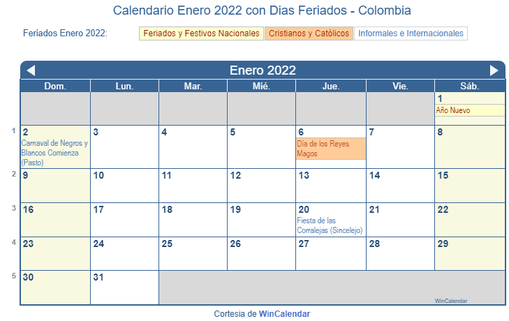 Calendario Enero 2022 Para Imprimir Colombia