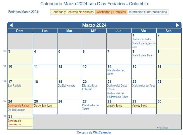 Calendario Marzo 2024 para imprimir Colombia