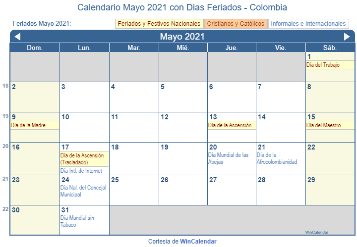 Calendario Con Festivos Mayo Colombia - IMAGESEE