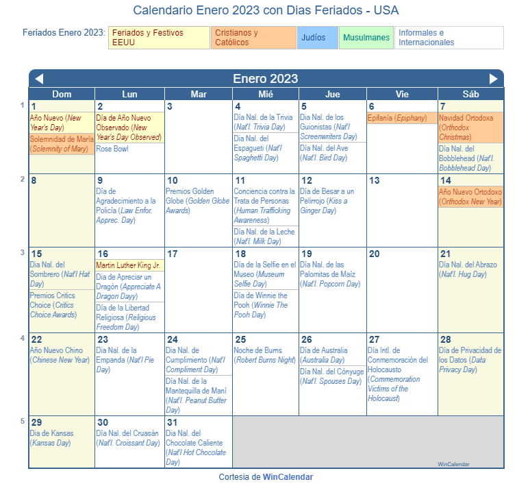 Calendario Enero 2023 Para Imprimir Estados Unidos 4662