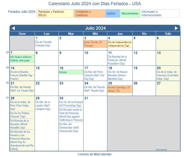 Calendario Julio 2024 para imprimir Estados Unidos