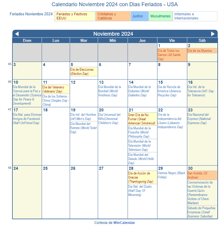 Calendario Noviembre 2024 para imprimir Estados Unidos