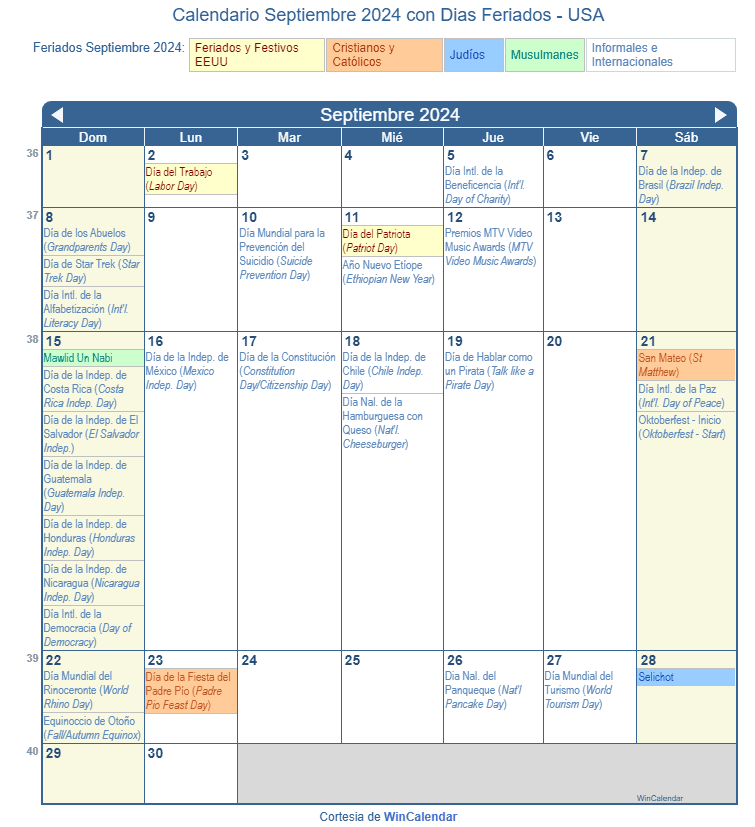 Calendario Septiembre 2024 para imprimir Estados Unidos