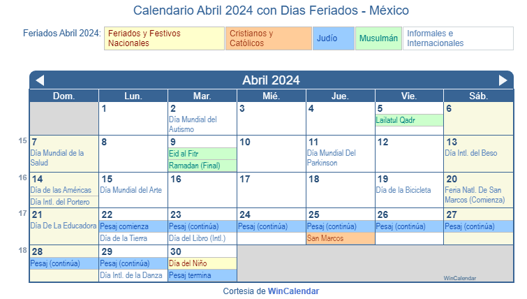Calendario Abril 2024 Para Imprimir México