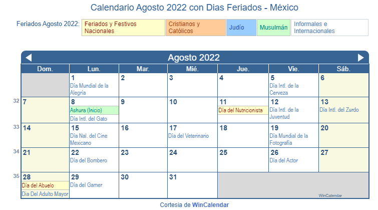 Calendario Agosto 2022 para imprimir  México