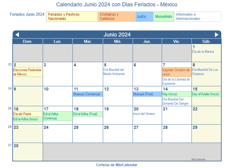 Calendario Junio 2024 para imprimir México