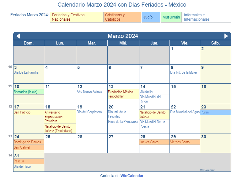 Calendario Marzo 2024 para imprimir México