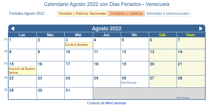 Calendario Agosto 2022 para imprimir  Venezuela