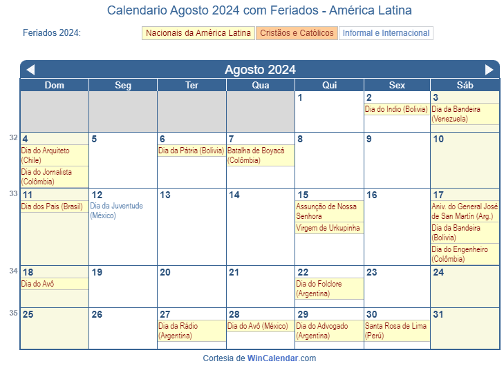 Calendário de Agosto de 2024 para impressão América