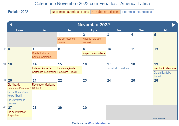 Calendário De Novembro De 2022 Para Impressão América