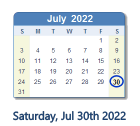 July 30, 2022 Calendar with Holidays & Count Down - USA