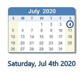 July 4, 2020 Calendar with Holidays and Count Down - CAN