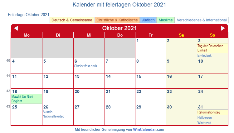 Deutschland Kalender Zum Drucken Oktober 2021