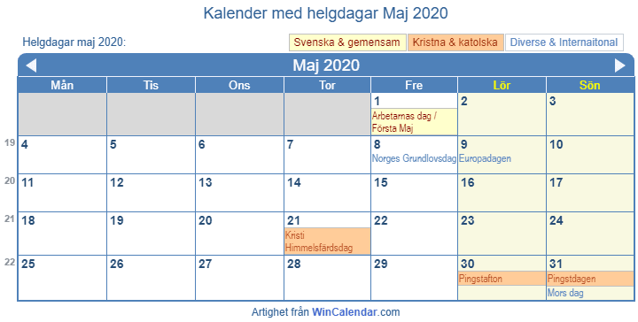 Kalender För Utskrift Maj 2020 